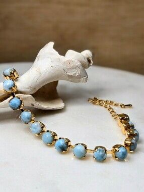 Natural Dominican Larimar in Classic Tennis Gold or Silver Plated Bracelet